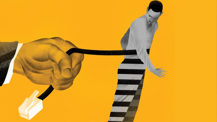An illustration of a hand pulling an ethernet cable wrapped around a man.